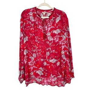 Lucky Brand Blouse Women's XL Red Split Neck Floral Long Sleeve Peasant Top Boho